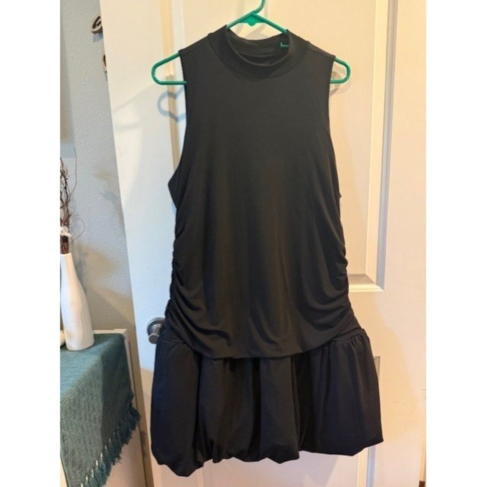 Women Black Mock‎ Neck Ruched Bubble Hem Mini Dress Sleeveless Drop Waist - Picture 4 of 5